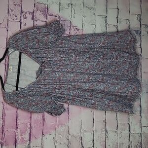 NATURAL LIFE BLUE ALLOVER FLORAL PUFF SLEEVE RAW EDGE KEYHOLE FRONT DRESS MIDI